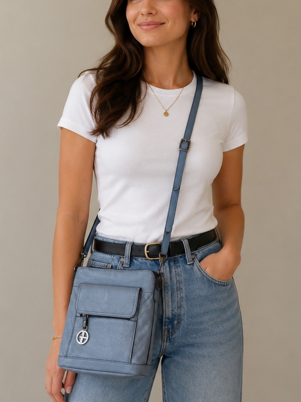 Y2K Giani Bernini Dusty Blue Leather Crossbody with Front Pocket